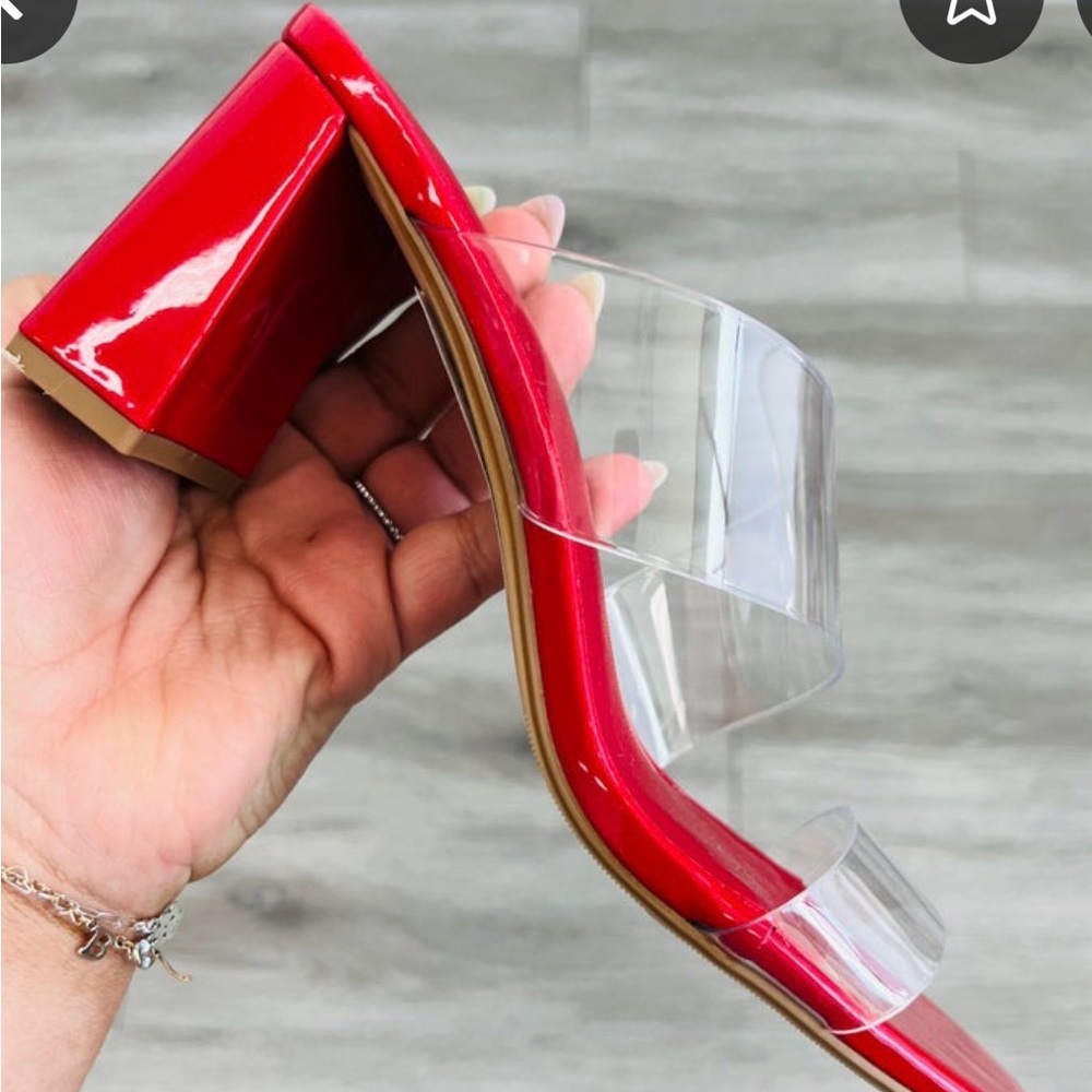 Soda Red Block Heel with Clear Strap